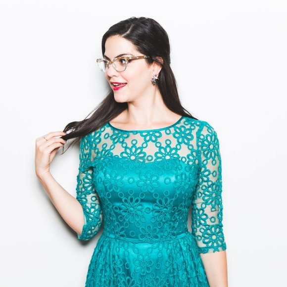 Teal Retro Daisy Embroidered Cocktail Dress - Picture 2 of 8